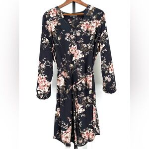 Brixon Ivy Women's XXL Black Floral Long Slv Shirt Dress Button Front Waist Tie